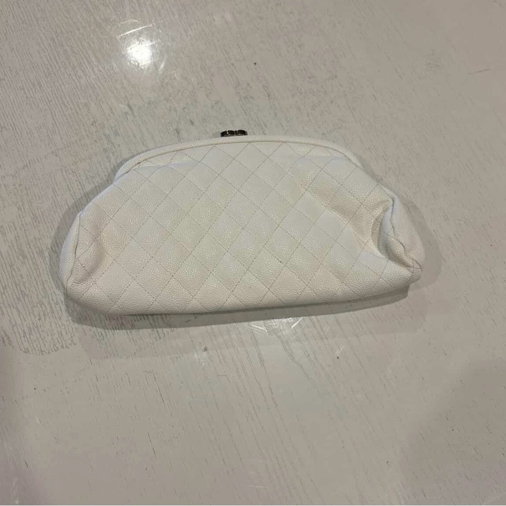 CHANEL White Quilted Caviar Leather Timeless Clutch Bag